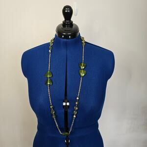 Long Olive Green Glass Bead Necklace on Gold Tone Chain – Modern Boho Statement